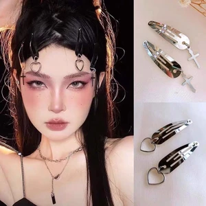 Set Kẹp Tóc Kim Loại Đính Charm Hình Thập/Trái Tim, Kẹp Tóc Phong Cách PUNK QiQiShop