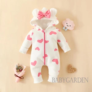 Áo liền quần Tay Dài Có Nón Họa Tiết Trái Tim / Bò Sữa Phối Khóa Kéo Cho Bé Gái