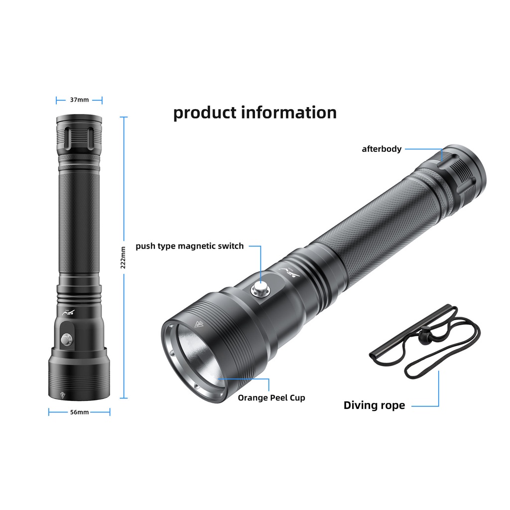 Puteer DV55 Mới P70 - Đèn Pin Lặn 3000 Lumens, Ánh Sáng Trắng, Điều Khiển Từ Tính, Độ Sáng Cao