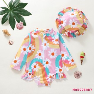Mgg-kid Girl Romper Áo Liền Quần Dài Tay Đứng Cổ Dây Kéo Bãi Biển Bể Bơi Body Đồ Bơi + Mũ