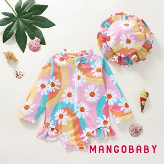 Mgg-kid Girl Romper Áo Liền Quần Dài Tay Đứng Cổ Dây Kéo Bãi Biển Bể Bơi Body Đồ Bơi + Mũ