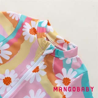 Mgg-kid Girl Romper Áo Liền Quần Dài Tay Đứng Cổ Dây Kéo Bãi Biển Bể Bơi Body Đồ Bơi + Mũ