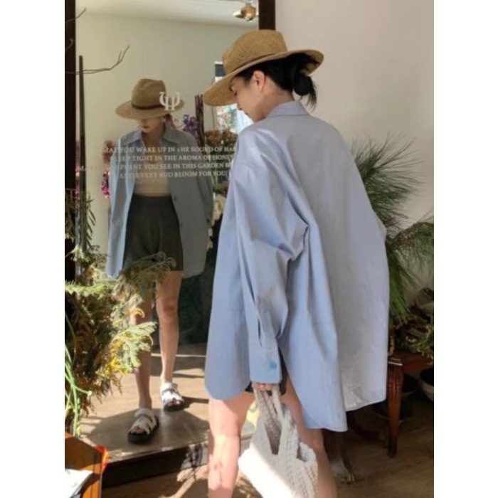 Suxi Đơn Giản Màu Xanh Dài Tay Có Thể Gập Lại Cổ Rời Màu Trơn Áo Sơ Mi Chống Nắng Nữ Top