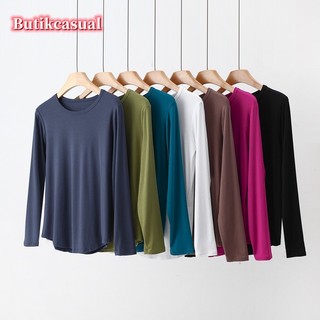 Áo thun nữ Cotton trơn dài tay Áo thun thời trang thu đông mới Áo sơ mi mỏng dáng rộng Size lớn Áo thun