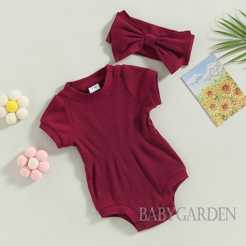 Bộ Áo Liền Quần Tay Ngắn Màu Trơn Kèm Băng Đô Cài Tóc Thời Trang Mùa Hè Xinh Xắn Cho Bé Gái