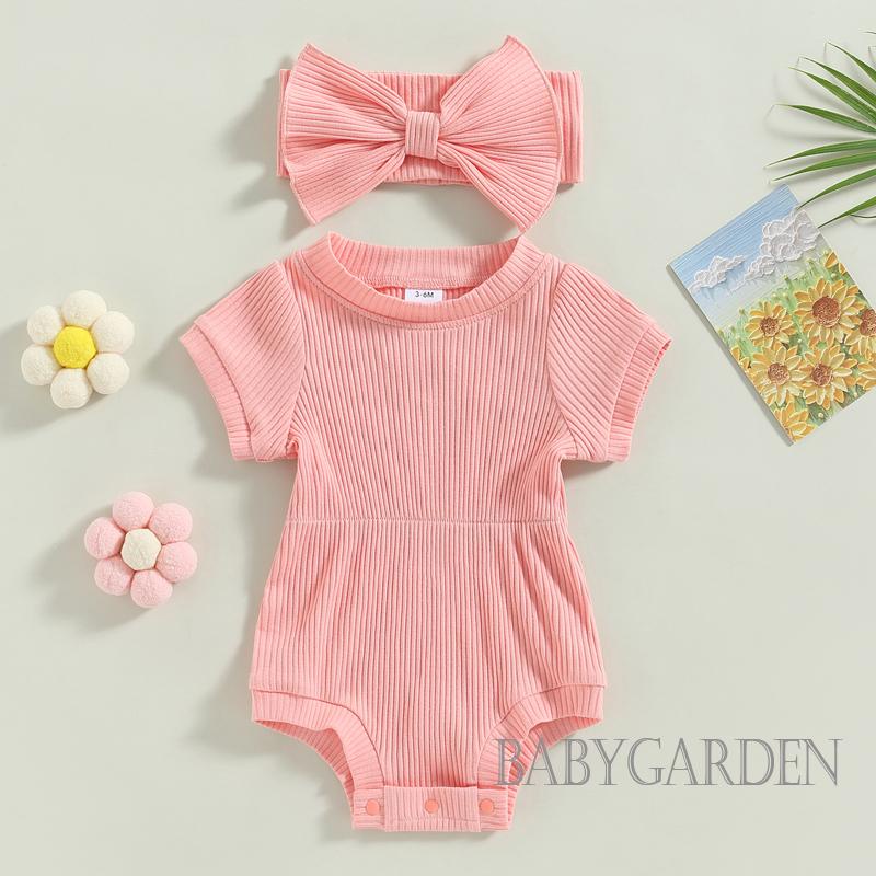 Bộ Áo Liền Quần Tay Ngắn Màu Trơn Kèm Băng Đô Cài Tóc Thời Trang Mùa Hè Xinh Xắn Cho Bé Gái