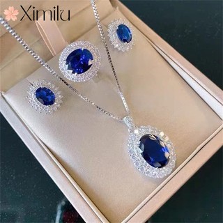 Bộ Trang Sức Dây Chuyền Nhẫn Bạc Đính Đá sapphire Sang Trọng Cho Nữ