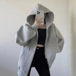 Áo khóa nỉ hoodie dày màu xám form rộng