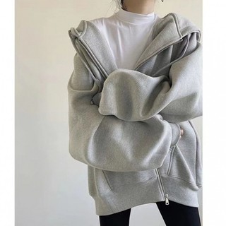 Áo khóa nỉ hoodie dày màu xám form rộng