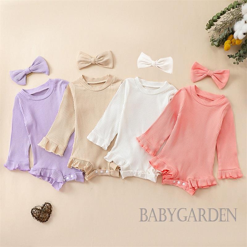 Bộ Áo Liền Quần Tay Dài Cổ Tròn Màu Trơn Kèm Băng Đô Cài Tóc Xinh Xắn Cho Bé Gái 0-12 Tháng Tuổi
