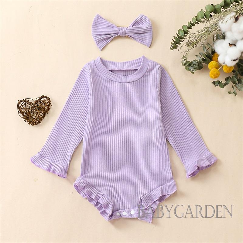 Bộ Áo Liền Quần Tay Dài Cổ Tròn Màu Trơn Kèm Băng Đô Cài Tóc Xinh Xắn Cho Bé Gái 0-12 Tháng Tuổi
