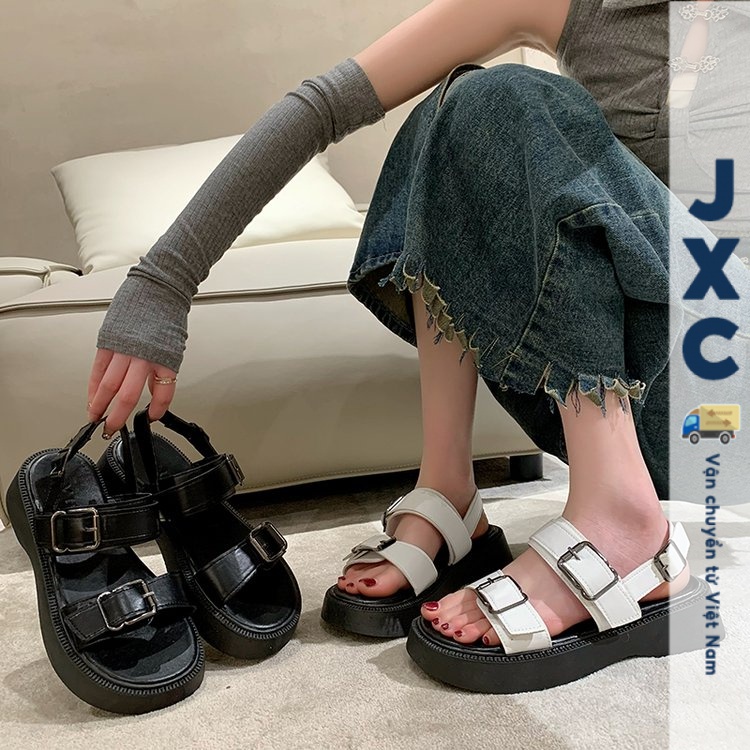 JINxCHOY SHOES Giày dép đế dày màu đen Bên ngoài mùa hè Giày dép đế mềm 100% Vintage La Mã Sandals Thoải mái Breathable Văn phòng Du lịch Mua sắm Giày nữ