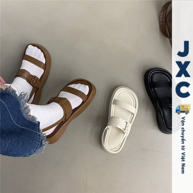 JINxCHOY SHOES Mùa hè 4CM Dép đế dày Vintage Casual La Mã Sandals Thời trang đơn giản màu 100 đáp ứng sinh viên hàng ngày bên ngoài mang dép mát