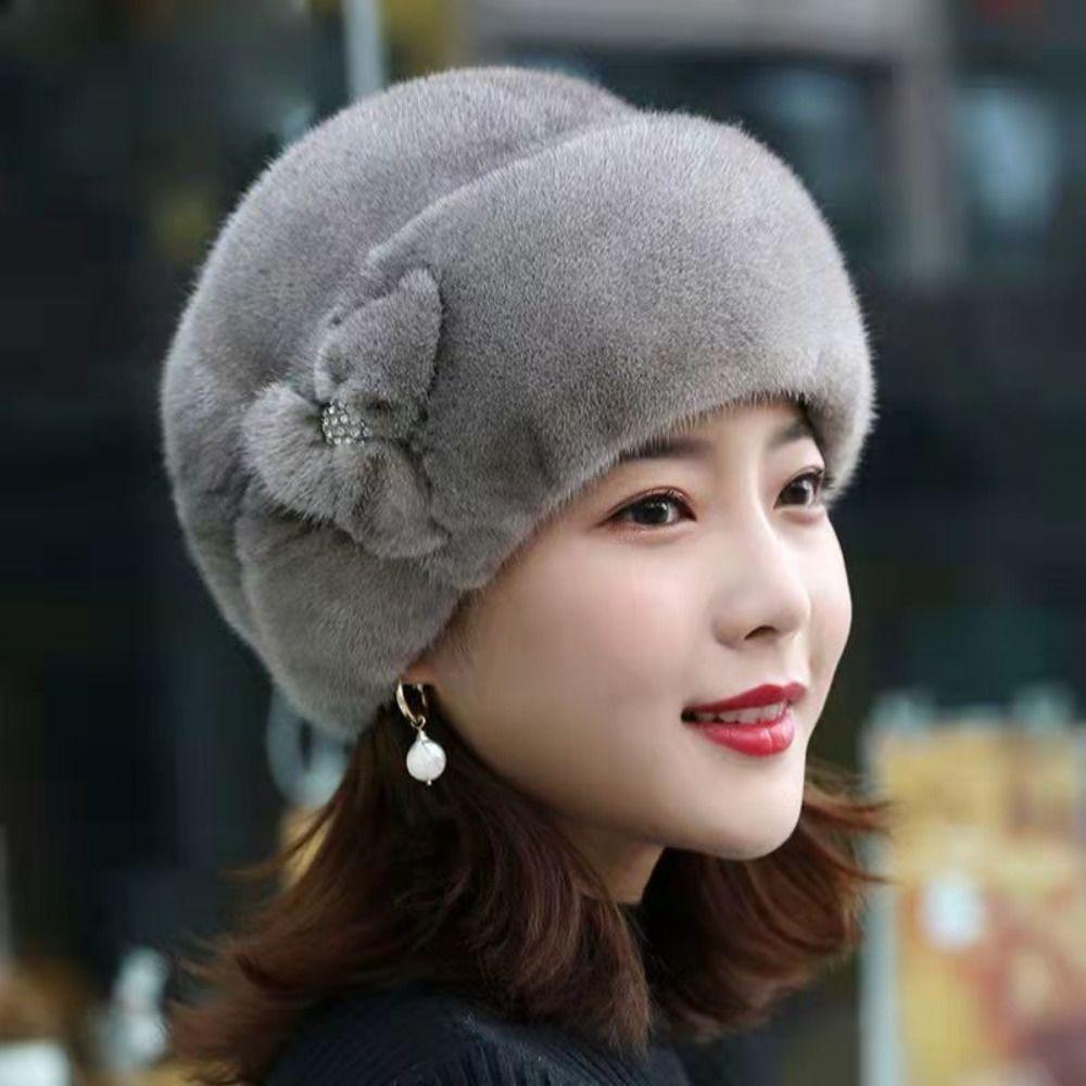 Mũ xô MERIGGIARE, Giữ ấm Mũ mùa đông dày dặn, Màu trơn Lông thỏ giả trang trí hoa Mũ trung niên nữ
