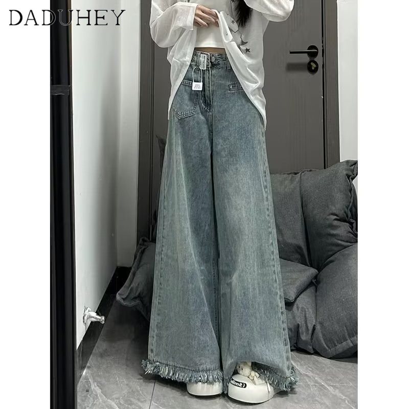 Ảnh DaDuHey New American Ins High Street Retro Jeans Niche High Waist Raw Edge Wide Leg Pants Large Size Trousers 2