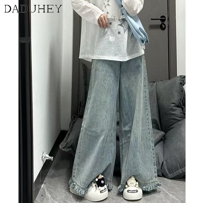 Ảnh DaDuHey New American Ins High Street Retro Jeans Niche High Waist Raw Edge Wide Leg Pants Large Size Trousers 4