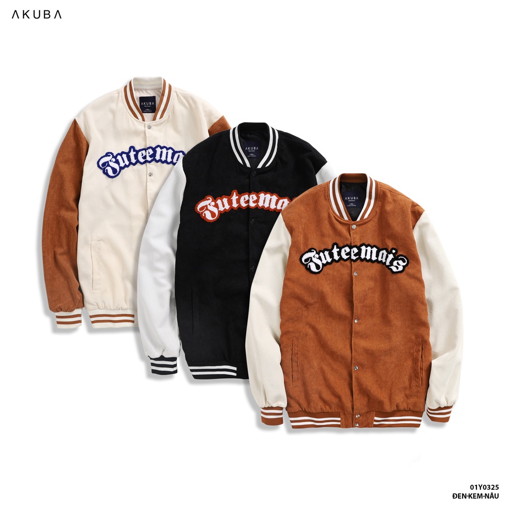 Áo Khoác bomber jacket Nam Nữ phối Nâu tay da Akuba thêu Juteemais 2 lớp, chất nỉ bông siêu đẹp | 01Y0325