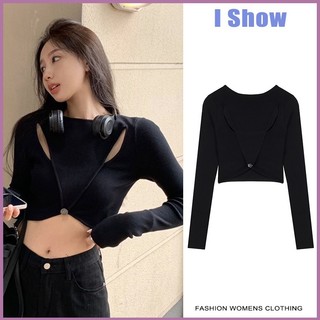 áo thun phông Đen Áo Croptop Tay Dài Thiết Kế Khoét Quyến Rũ áo baby tee