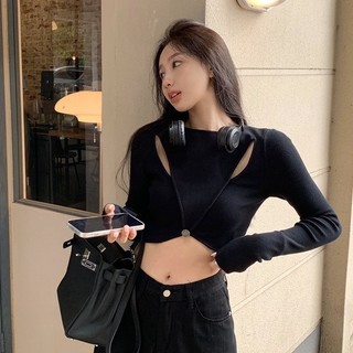 áo thun phông Đen Áo Croptop Tay Dài Thiết Kế Khoét Quyến Rũ áo baby tee