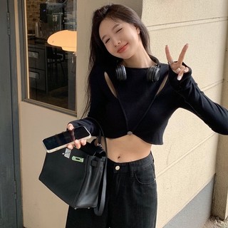 áo thun phông Đen Áo Croptop Tay Dài Thiết Kế Khoét Quyến Rũ áo baby tee