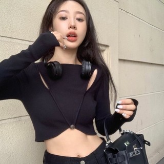 áo thun phông Đen Áo Croptop Tay Dài Thiết Kế Khoét Quyến Rũ áo baby tee