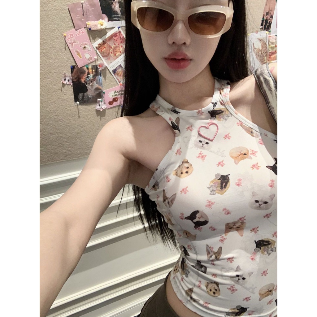 Milyfashion Thêu Trái Tim Động Vật In Hình Chữ I Áo yếm Mùa Hè Gợi Cảm Skinny quây Ngắn Mặc Ngoài
