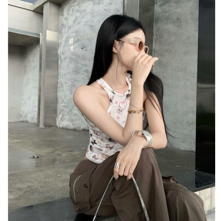 Milyfashion Thêu Trái Tim Động Vật In Hình Chữ I Áo yếm Mùa Hè Gợi Cảm Skinny quây Ngắn Mặc Ngoài