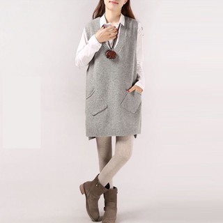 Áo len dệt kim dài vừa phải Áo vest nữ mùa xuân thu phiên bản Hàn Quốc dáng rộng dày cổ chữ v Áo thun chui đầu Áo vest