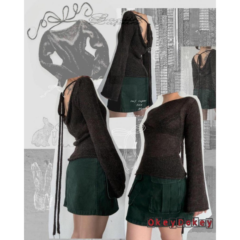 Áo Sweater Dệt Kim Tay Dài Màu Trơn Cổ Thuyền okdk-y2k Thắt Nơ Sau Lưng Cho Nữ