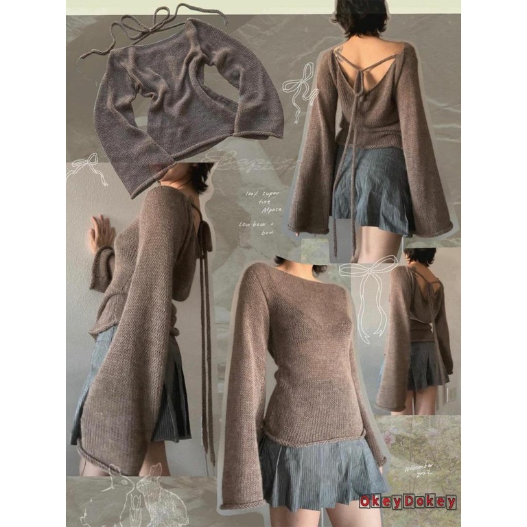Áo Sweater Dệt Kim Tay Dài Màu Trơn Cổ Thuyền okdk-y2k Thắt Nơ Sau Lưng Cho Nữ