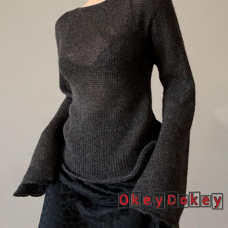 Áo Sweater Dệt Kim Tay Dài Màu Trơn Cổ Thuyền okdk-y2k Thắt Nơ Sau Lưng Cho Nữ