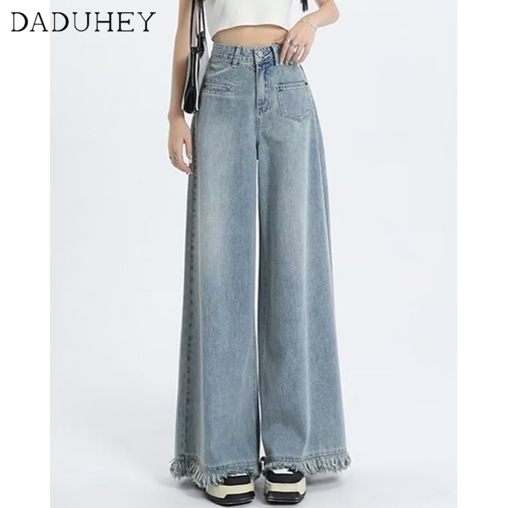 Ảnh DaDuHey New American Ins High Street Retro Raw Edge Jeans Niche High Waist Loose Wide Leg Pants Trousers 3