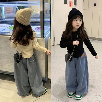 Bộ Đồ Bé Gái Xuân Thu Phong Cách Mới Xuân Thu Phong Cách Bé Gái Phiên Bản Hàn Quốc Đáy Áo Quần Jean Bé Gái Quần Ống Rộng Bé Gái Áo Bé Gái