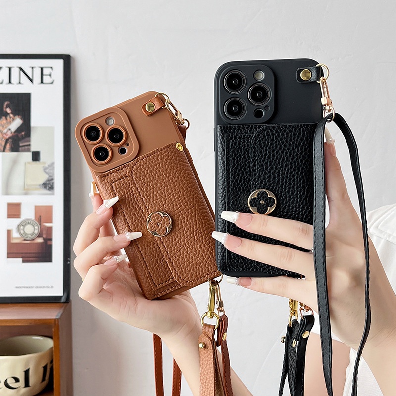 Đeo Ngang Dây Đeo Cổ Tay Da Ốp Lưng Điện Thoại IPhone 13 12 Mini 14 15 16 Pro Max Plus SE 2020 Ví Đựng Thẻ Bao
