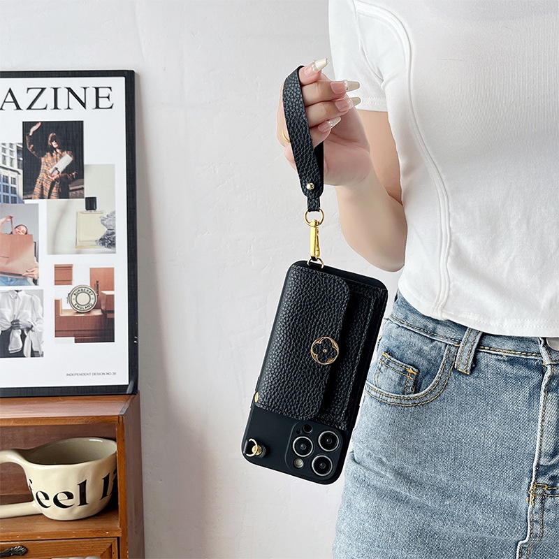 Đeo Ngang Dây Đeo Cổ Tay Da Ốp Lưng Điện Thoại IPhone 13 12 Mini 14 15 16 Pro Max Plus SE 2020 Ví Đựng Thẻ Bao