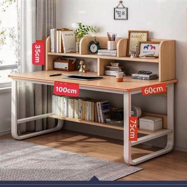 [HỎA TỐC-NHANH] Bàn Học, Bàn Làm Việc Có Giá Để Sách Ván Gỗ MDF Dày 17mm, Chân Sắt Chữ U 25x50