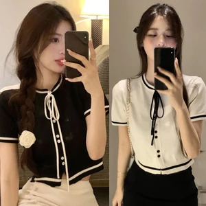 Áo Dệt Kim Ngắn Tay Cổ Tròn Phối Nơ Xinh Xắn Dành Cho Nữ