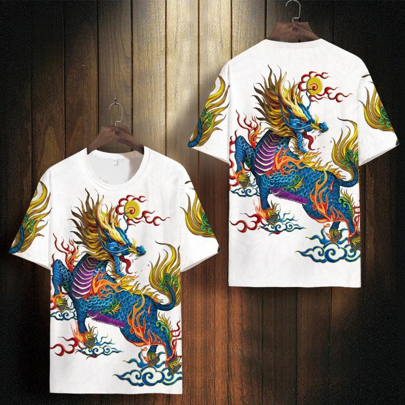 Áo thun in họa tiết Kylin phong cách Trung Quốc cho nam, tay ngắn, kiểu dáng thời trang, áo retro rộng rãi