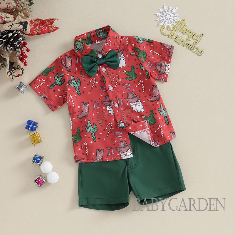 Baga- Bộ Đồ 2 Món Áo Sơ Mi In Họa Tiết Ông Già Noel + Quần Ngắn Cho Bé Trai 6 Tháng-4 Tuổi