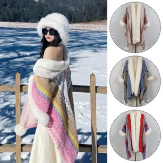 NCE Áo Poncho Mông Cổ, Style Dân Tộc với Chiếc Khăn Choàng, Len Nhân Tạo Mềm Mại dành cho Mùa Đông