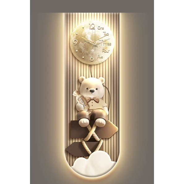 Tranh Đồng Hồ 3D LED Gấu Dễ Thương Trang Trí Nhà Tráng Gương Cao Cấp - OHA DECOR