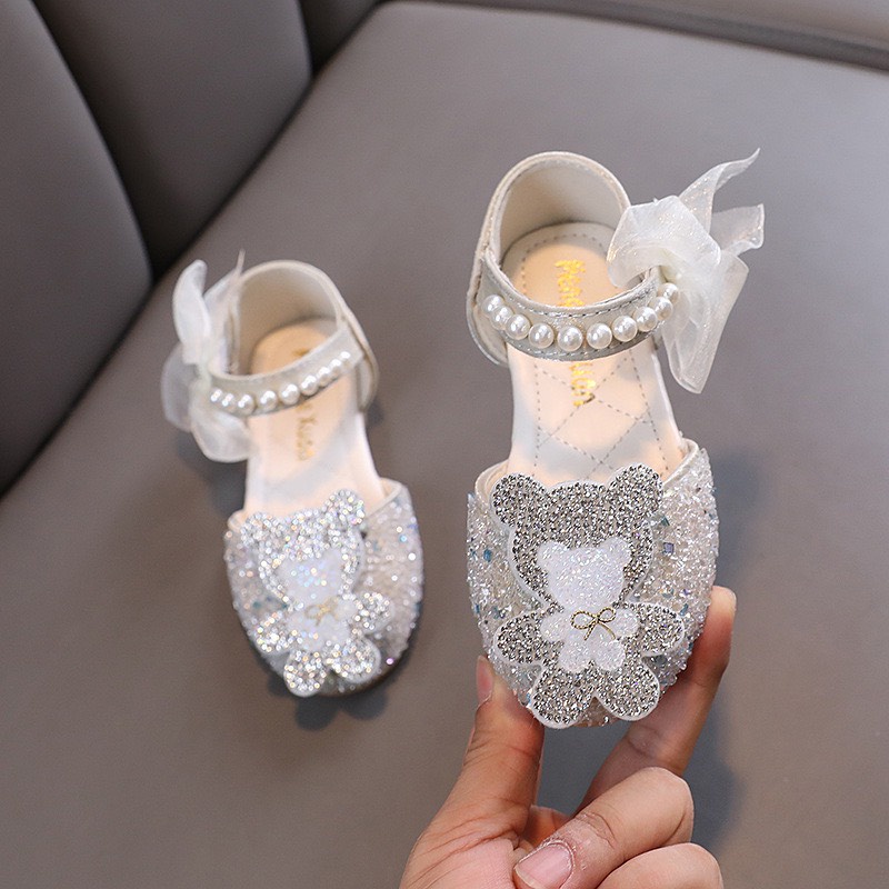 giày búp bê bé trai bé gái giày bệ cho bé đính đá nơ gấu xinh xắn chống trượt cho bé từ 1 tuổi QCCC full box 9023