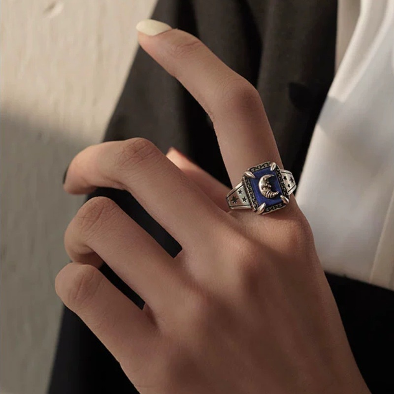Ngủ Sen Cuộc Sống Bạc 925 Nhẫn Lapis Lazuli Mặt Trăng Nàng Tiên Cá Yếu Tố Retro Thiểu Số Thiết Kế Nhẫn