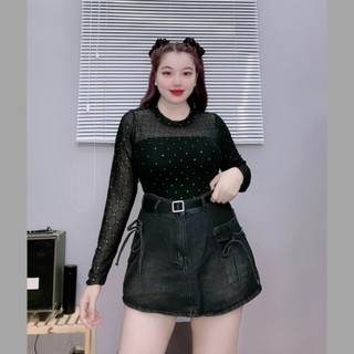 Áo thun nhũ lưới Nhỏ Clothing Bigsize nữ cao cấp tay dài kèm áo quây co giãn croptop đen quý phái quyến rũ trẻtrung G235