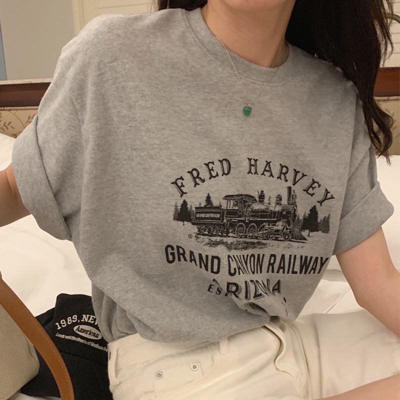 Áo Thun Cotton Tay Ngắn Cổ Tròn Dáng Rộng In Họa Tiết Đơn Giản Phong Cách Hàn Quốc Thời Trang Cho Nữ