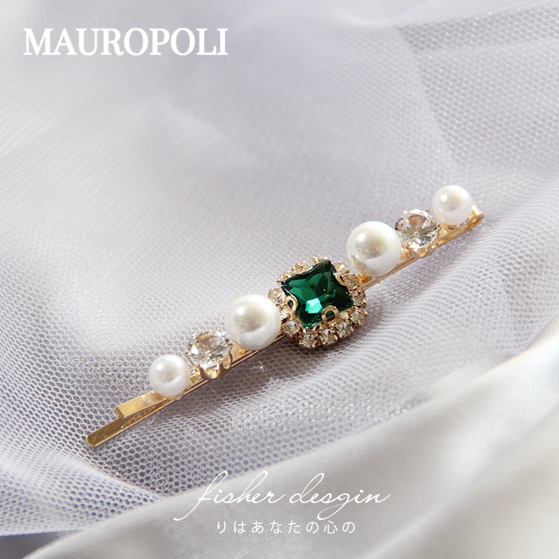 MAUROPOLI [Sẵn Sàng] Cung Điện Tính Khí Retro Ngọc Trai Xanh Kim Cương Giả Kẹp Phẳng Nổ Kẹp Tóc Bên Kim Loại Phụ Kiện Tóc Pha Lê