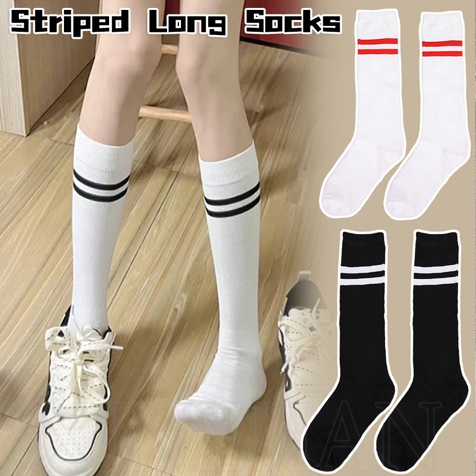 Đôi Vớ Cotton Dài Qua Gối Họa Tiết Sọc Trắng Đen Thời Trang Dành Cho Nữ