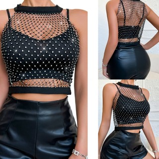 Hum Nữ Không Tay Lưới Kim Cương Giả Crop Tops Bãi Biển Mùa Hè Che Phủ Câu Lạc Bộ Đảng Sáng Nhìn Xuyên Qua Fishnet Xe Tăng Top