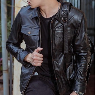 Áo khoác da nam, áo da thật cao cấp cổ bẻ Fttleather Trucker Jacket Da Bò Dáng Sơ Mi Túi Hộp - AD405