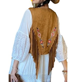 Vipdeal1 Áo Khoác cardigan Giả Da Lộn Không Tay Phối Tua Rua Phong Cách hippie 70s Thời Trang Cho Nữ